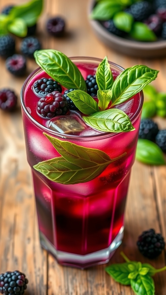 A refreshing blackberry basil mocktail in a glass with ice, garnished with basil and blackberries on a wooden table.